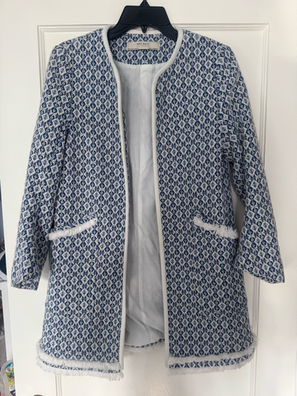 Zara Blue & White Open-Front Quilted Blazer Coat